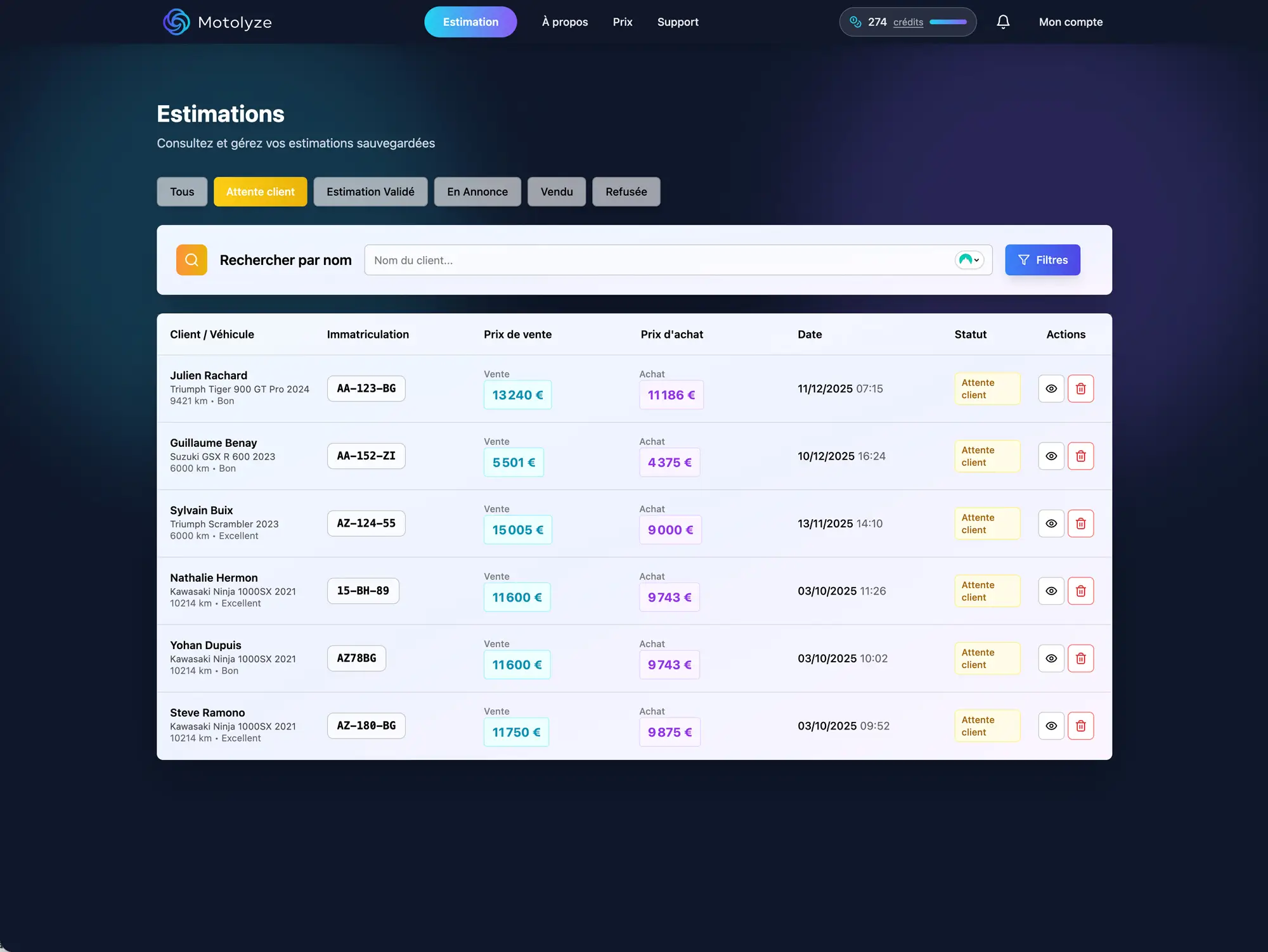 Capture d'écran - Gestion des Estimations